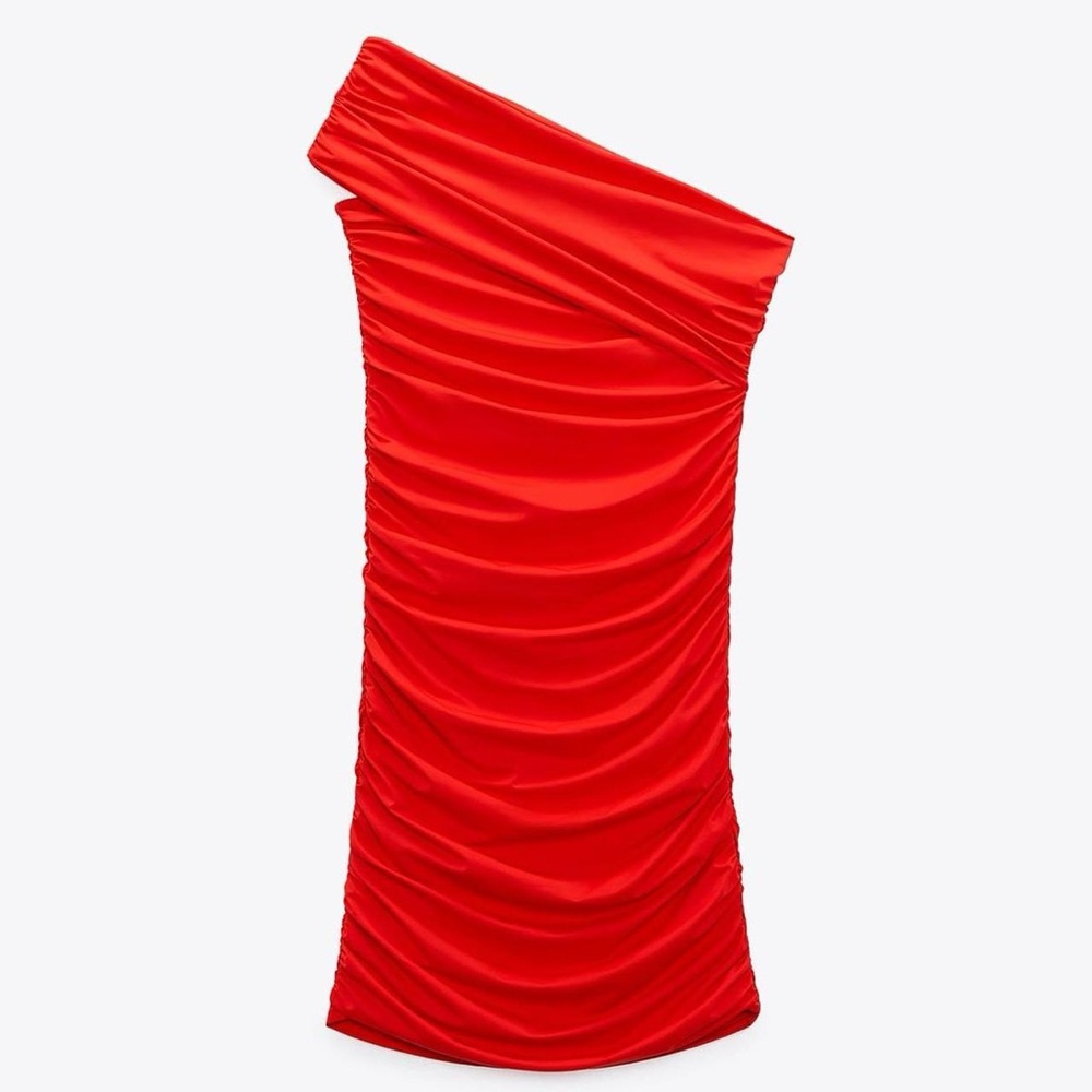 Zara Red Asymmetrical Ruched Cocktail Dress